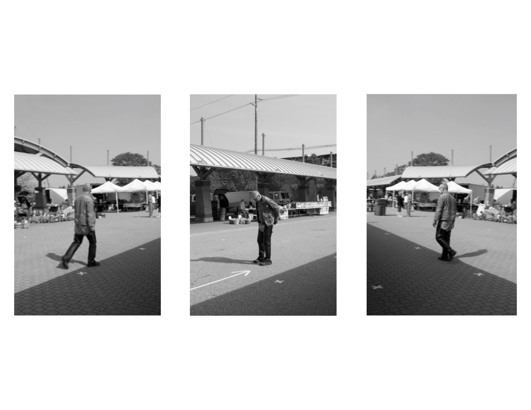 A triptych of a man standing in the Holland Farmer's Market.