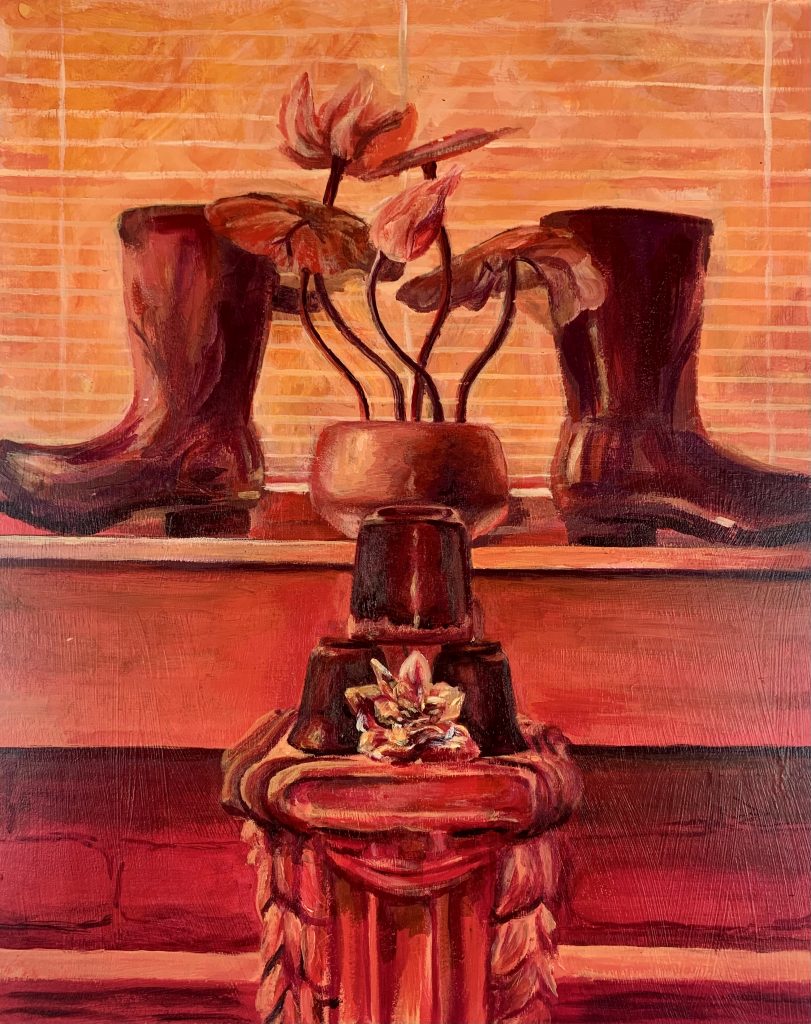 A painting done entirely in shades of orange. Depicts flowers, boots, and a column.