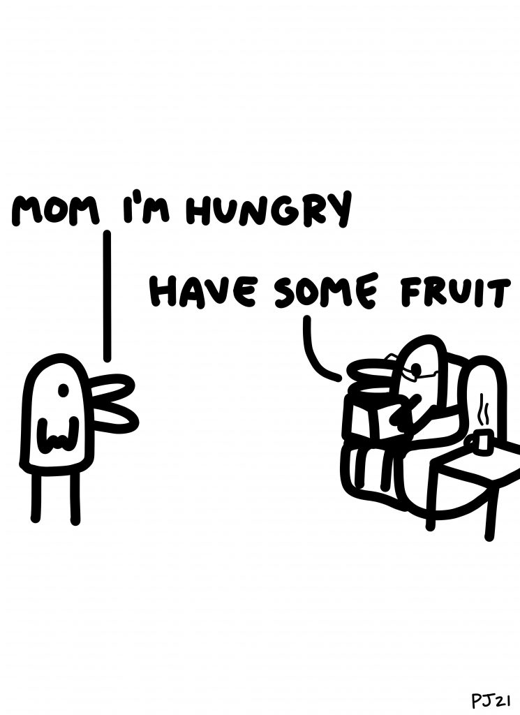 The image shows two cartoon ducks speaking. One says "Mom I'm hungry," and the other responds "have some fruit."