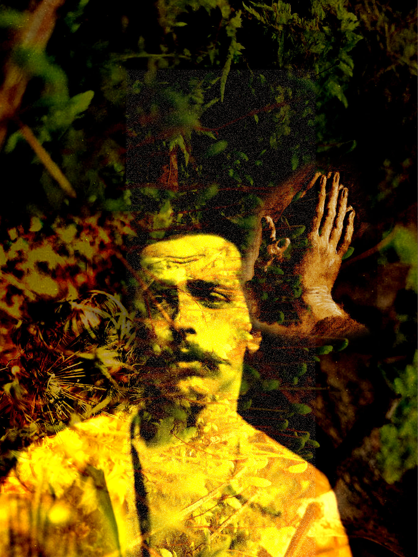 A digital collage showing a mustached man, praying hands, and a leafy background in tones of yellow.