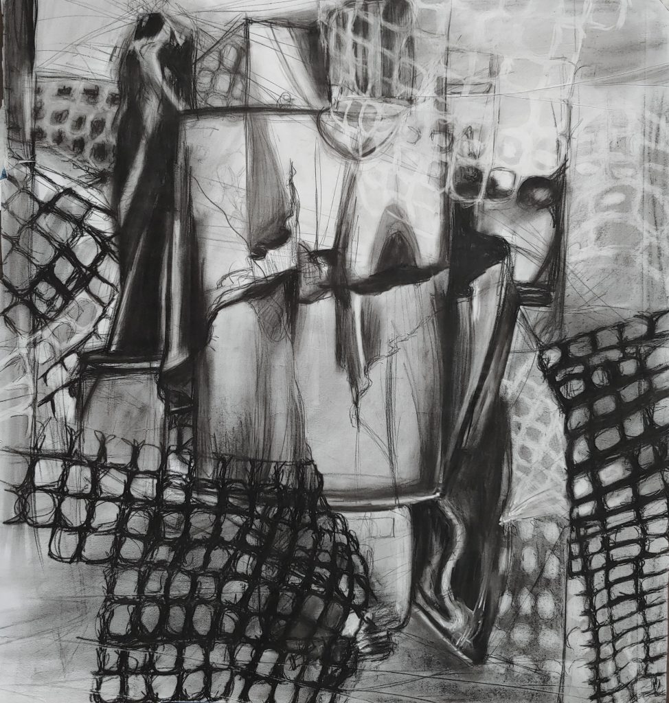 Black and white charcoal drawing of abstract square patterns.
