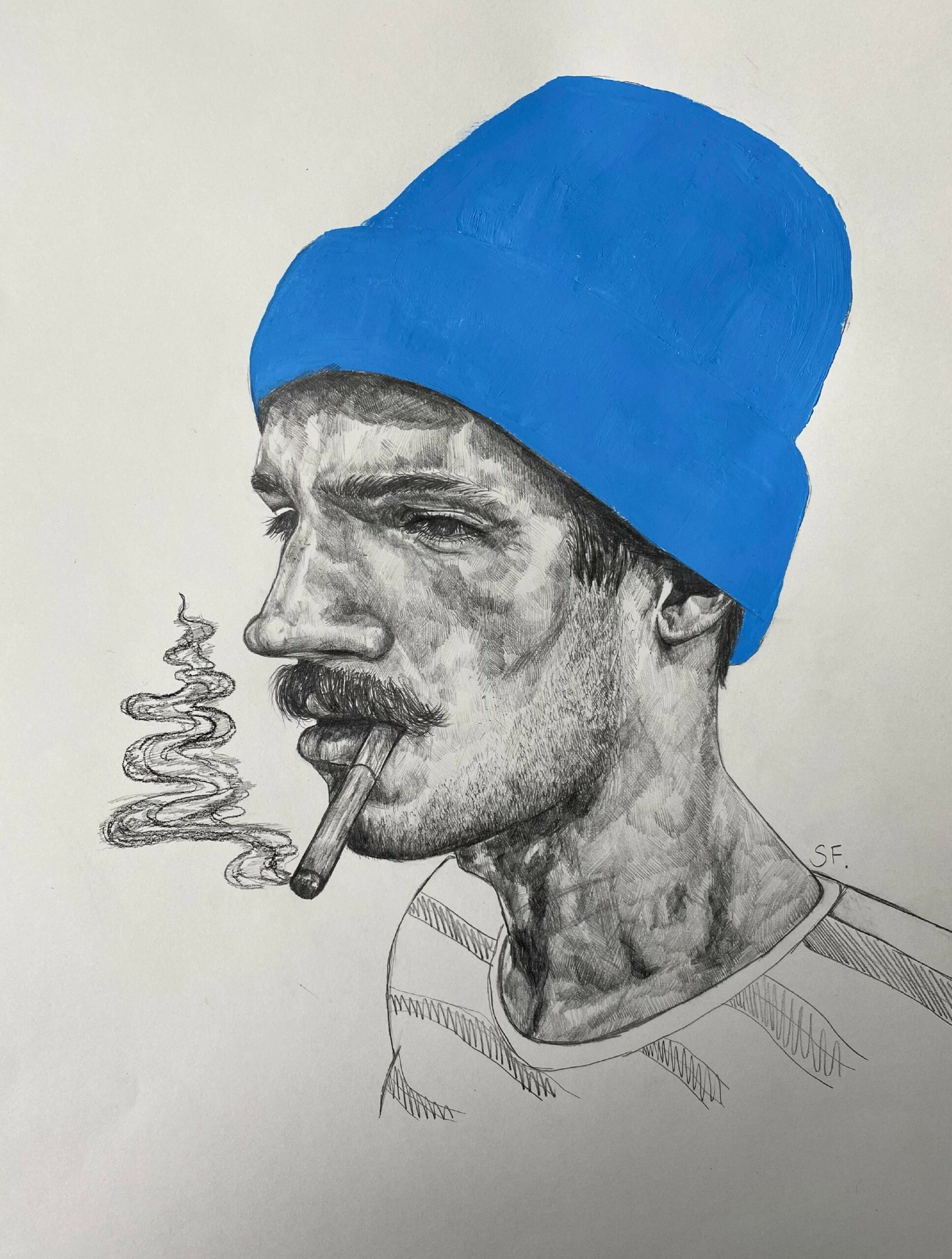 A man smoking a cigarette and wearing a blue beanie