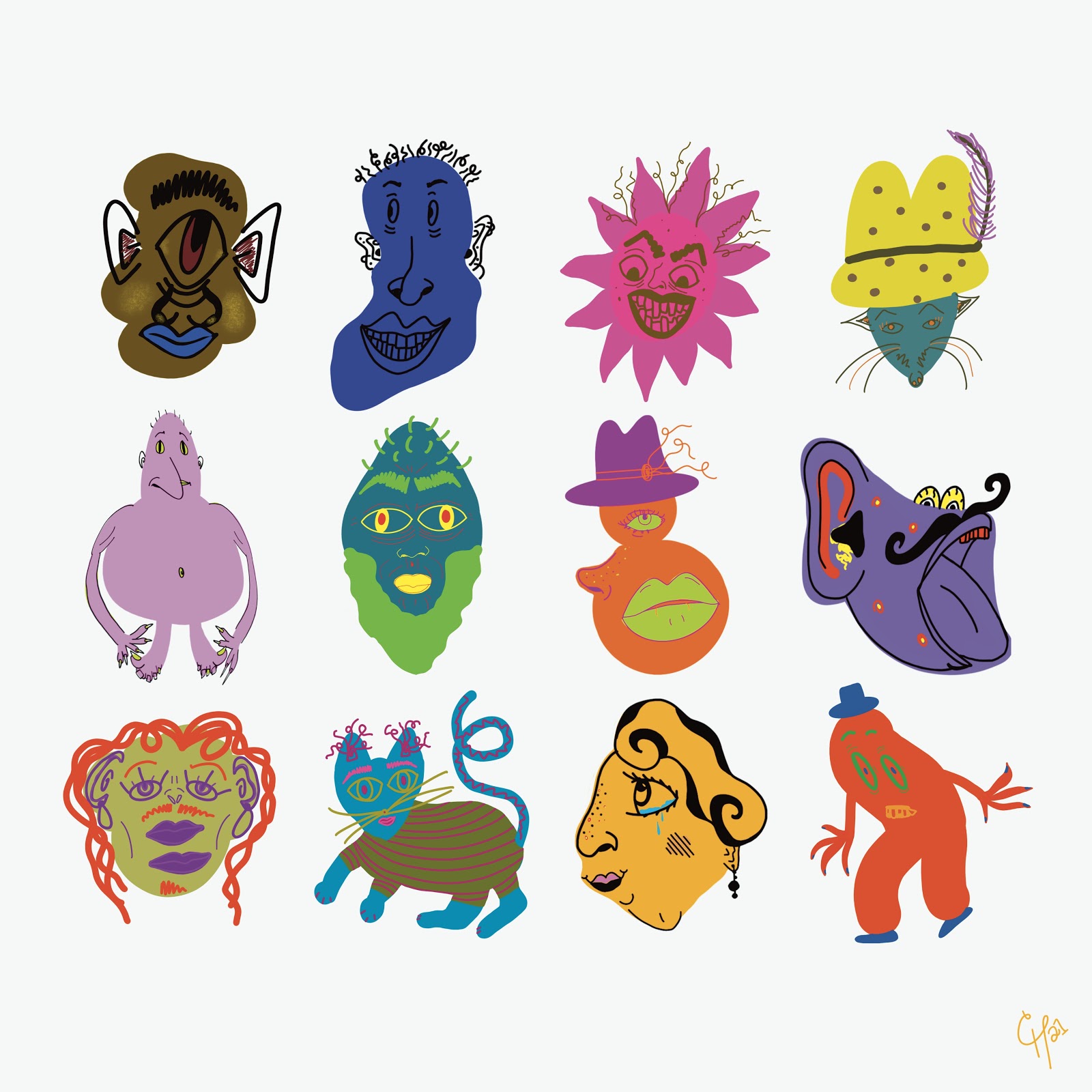 A series 12 faces/bodies of colorful creatures