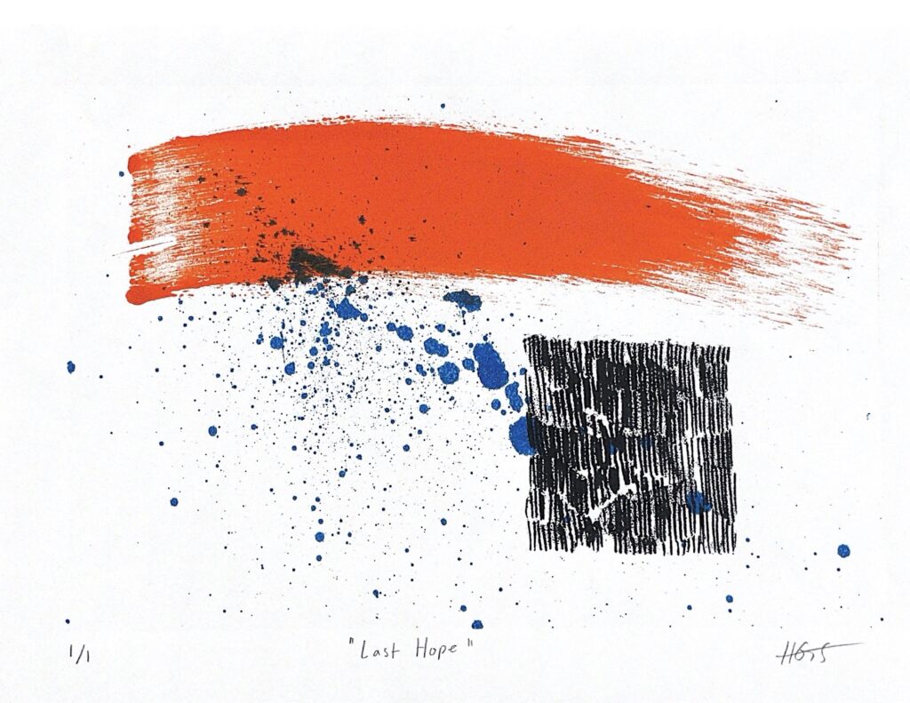 A print with an orange swash of color, a blue splatter, and a black textured box