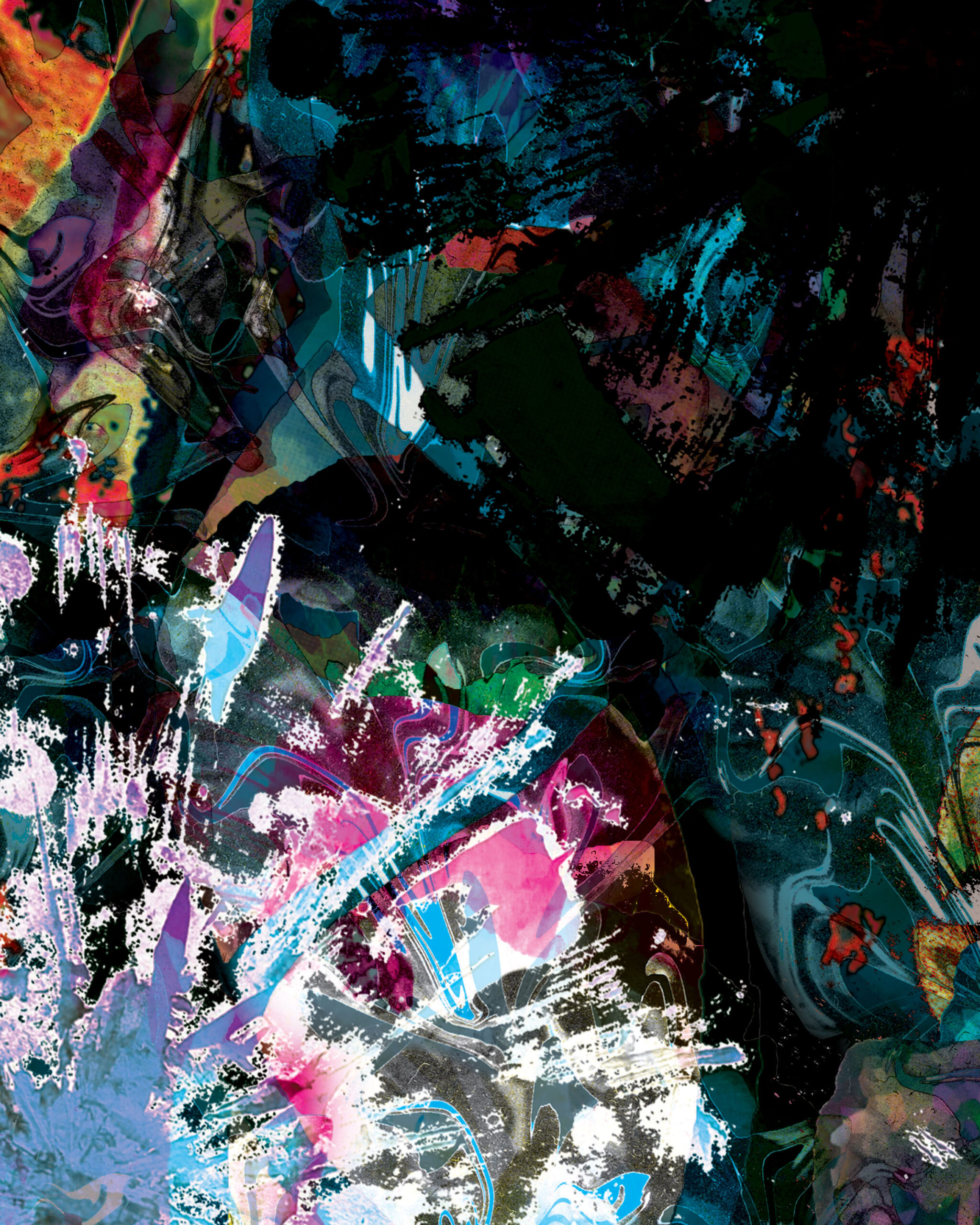 A layered digital art piece with blues, pinks, greens, and other colors.