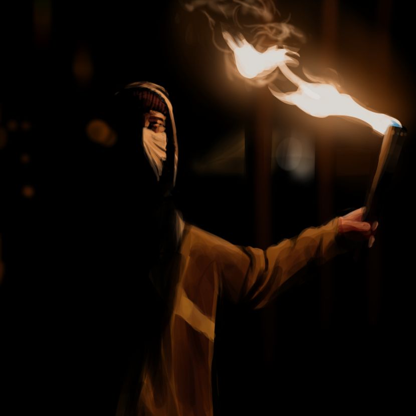 A masked person holding a flaming torch in the dark
