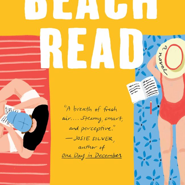 The cover of the book Beach Read shows two people lying on beach towels on the beach