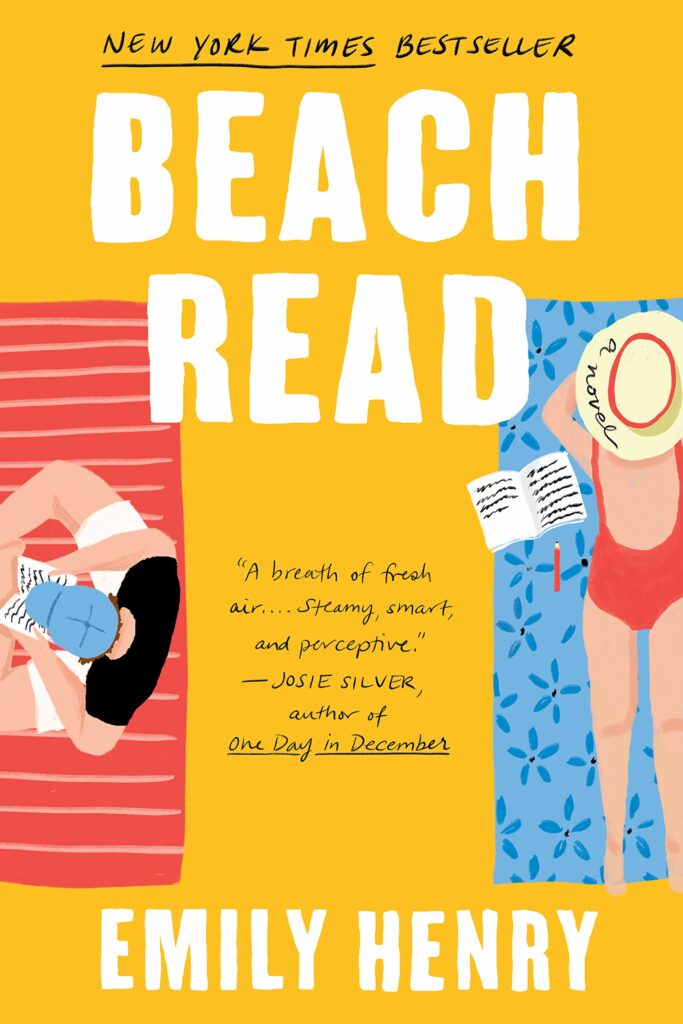The cover of the book Beach Read shows two people lying on beach towels on the beach